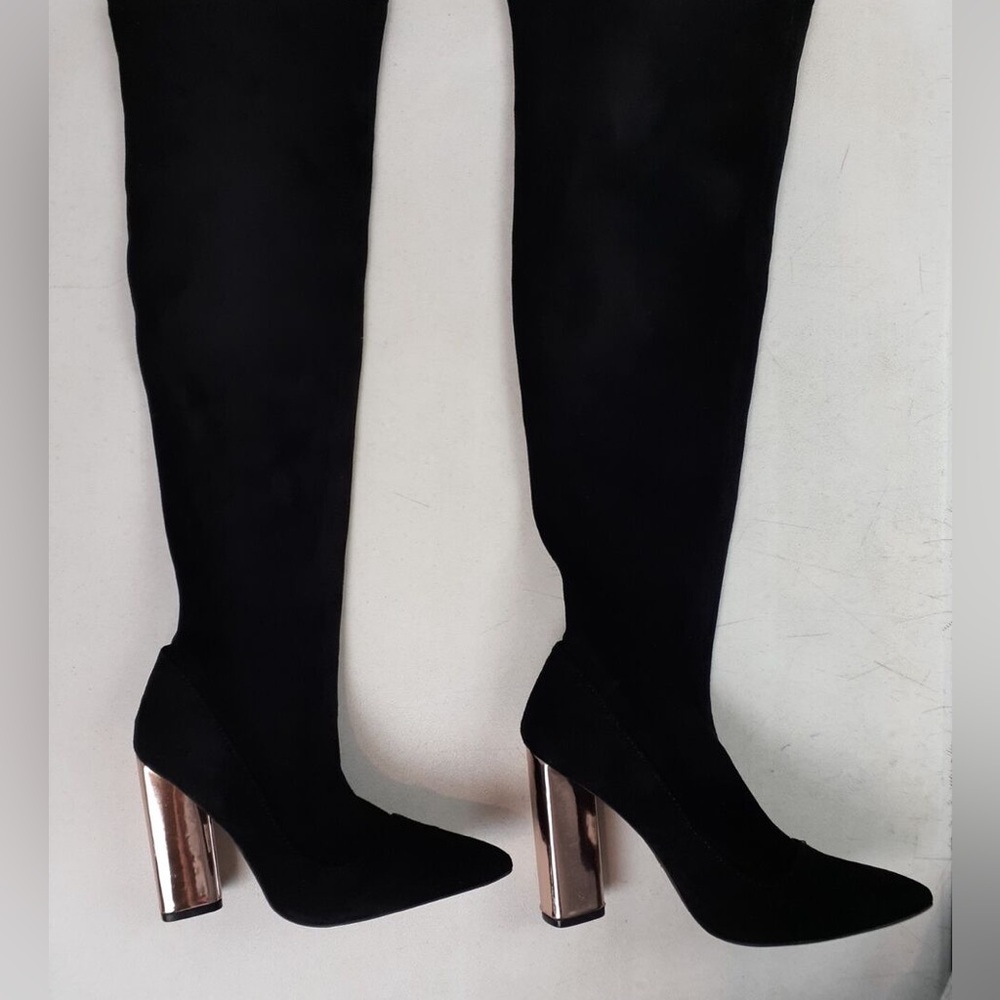 Charlotte Russe Black Over the Knee Boots with Silver Heels